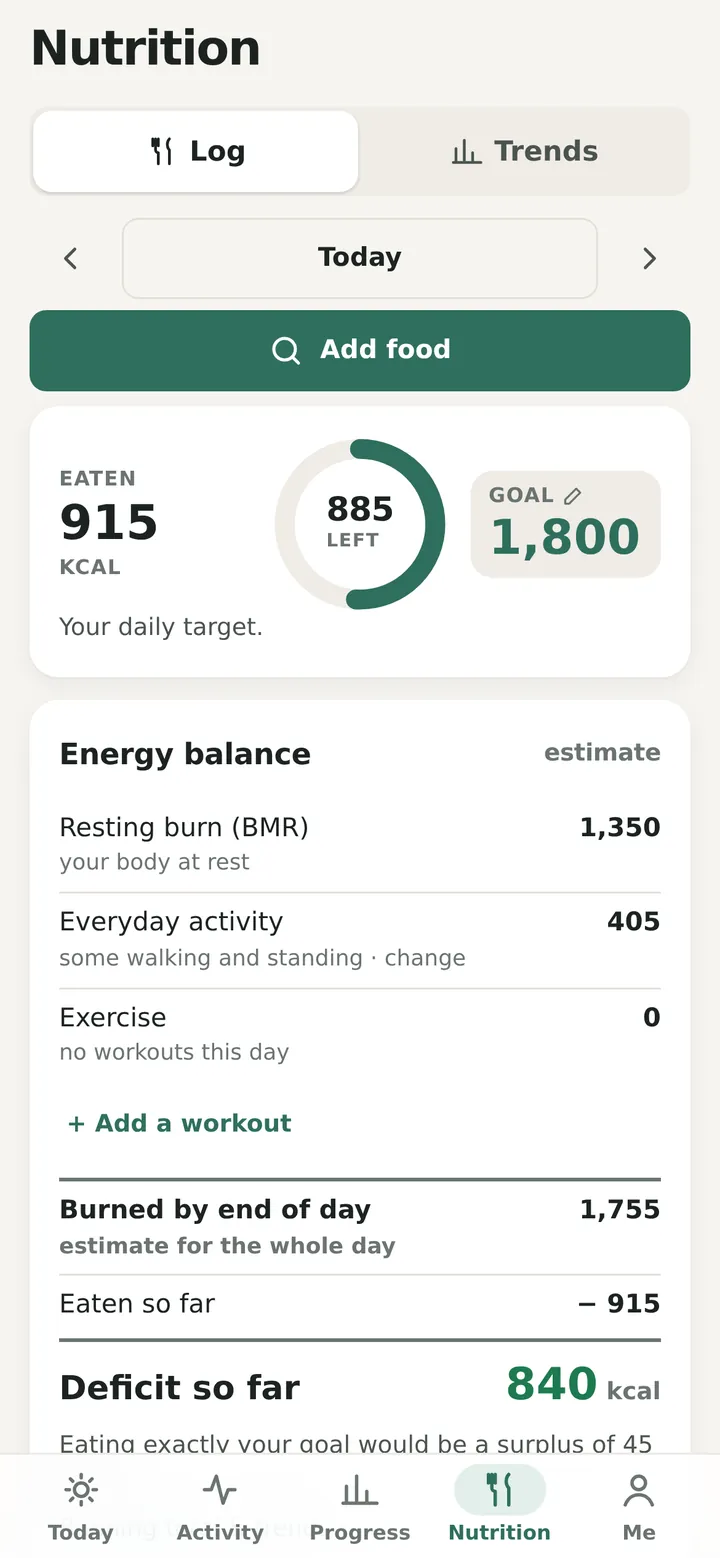 Today's nutrition: 915 calories eaten, 885 left of 1,800, and the day's energy balance