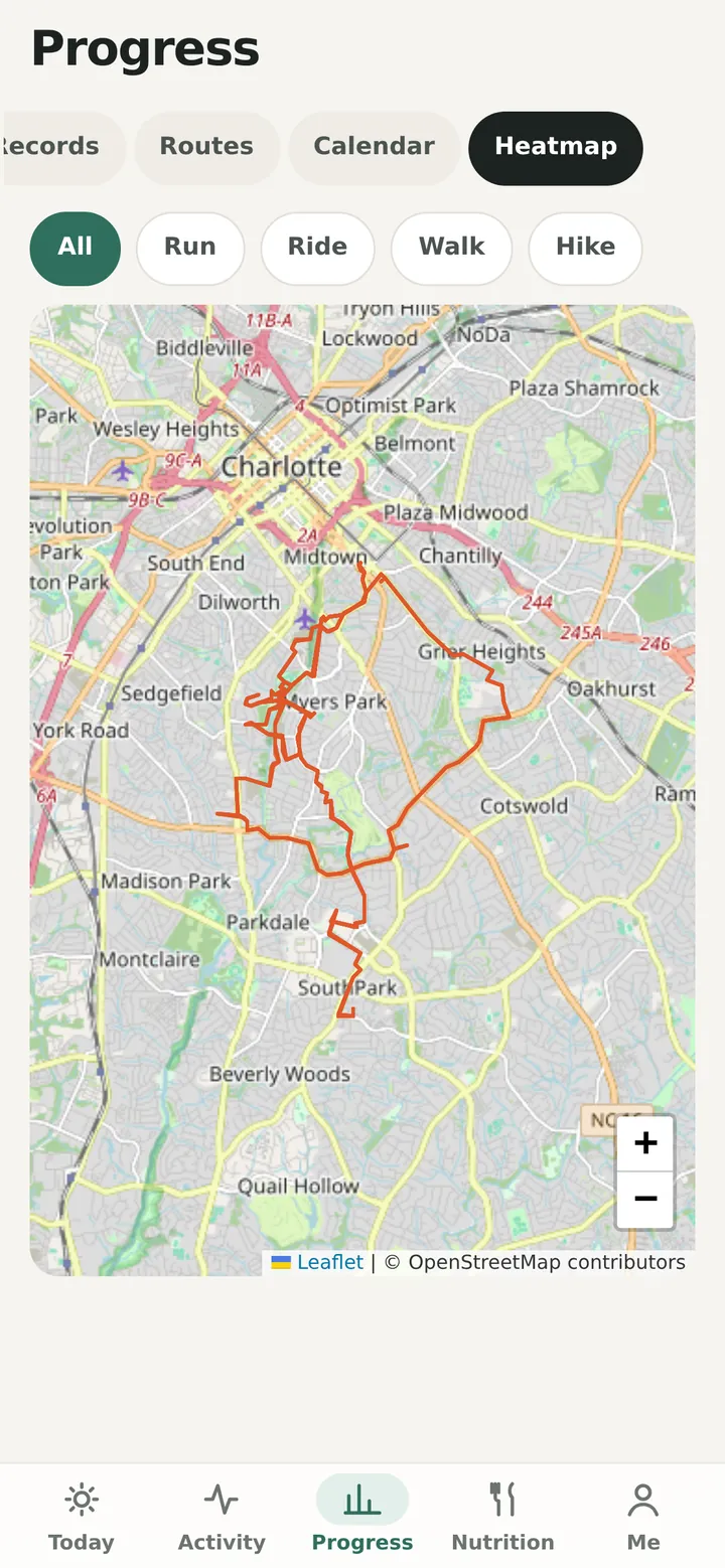 A personal heatmap of every route run, ridden or walked around Charlotte